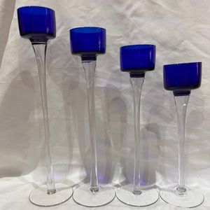 Beautiful Long Stemmed Deep Blue & Clear Candle Holders